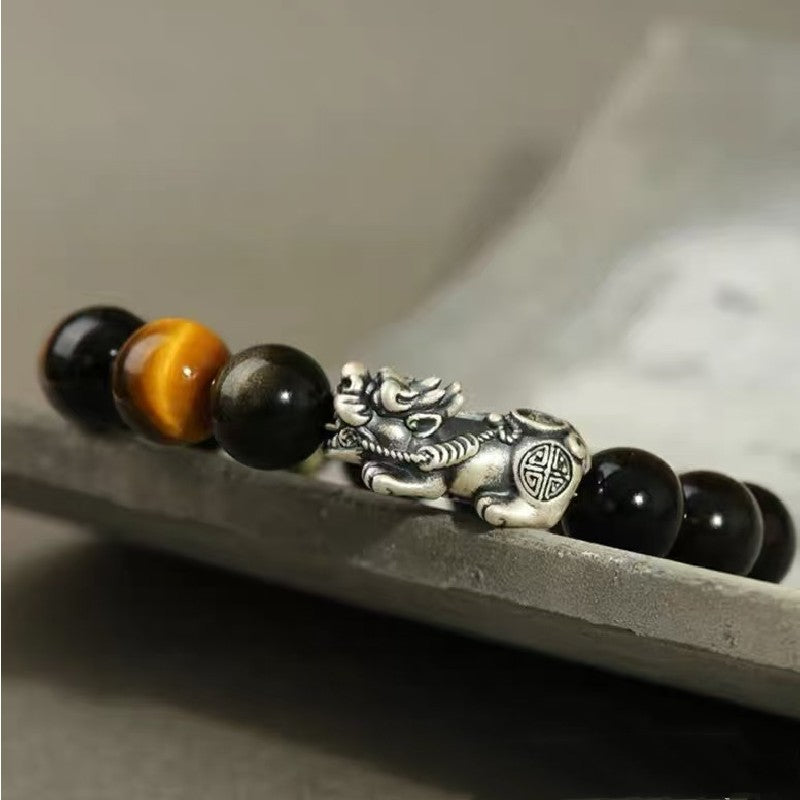 999 Silver Pixiu Gold Obsidian Bracelet-Traditional Good Fortune Symbol