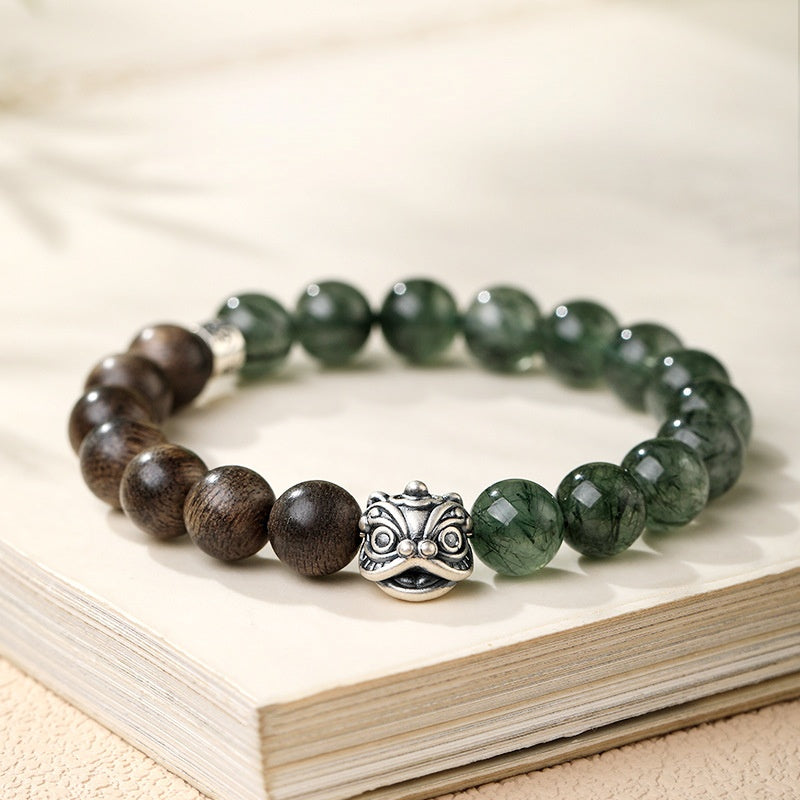 Silver Lion Bracelet Sandalwood Green Rutilated Quartz Bracelet-Awakened Courage