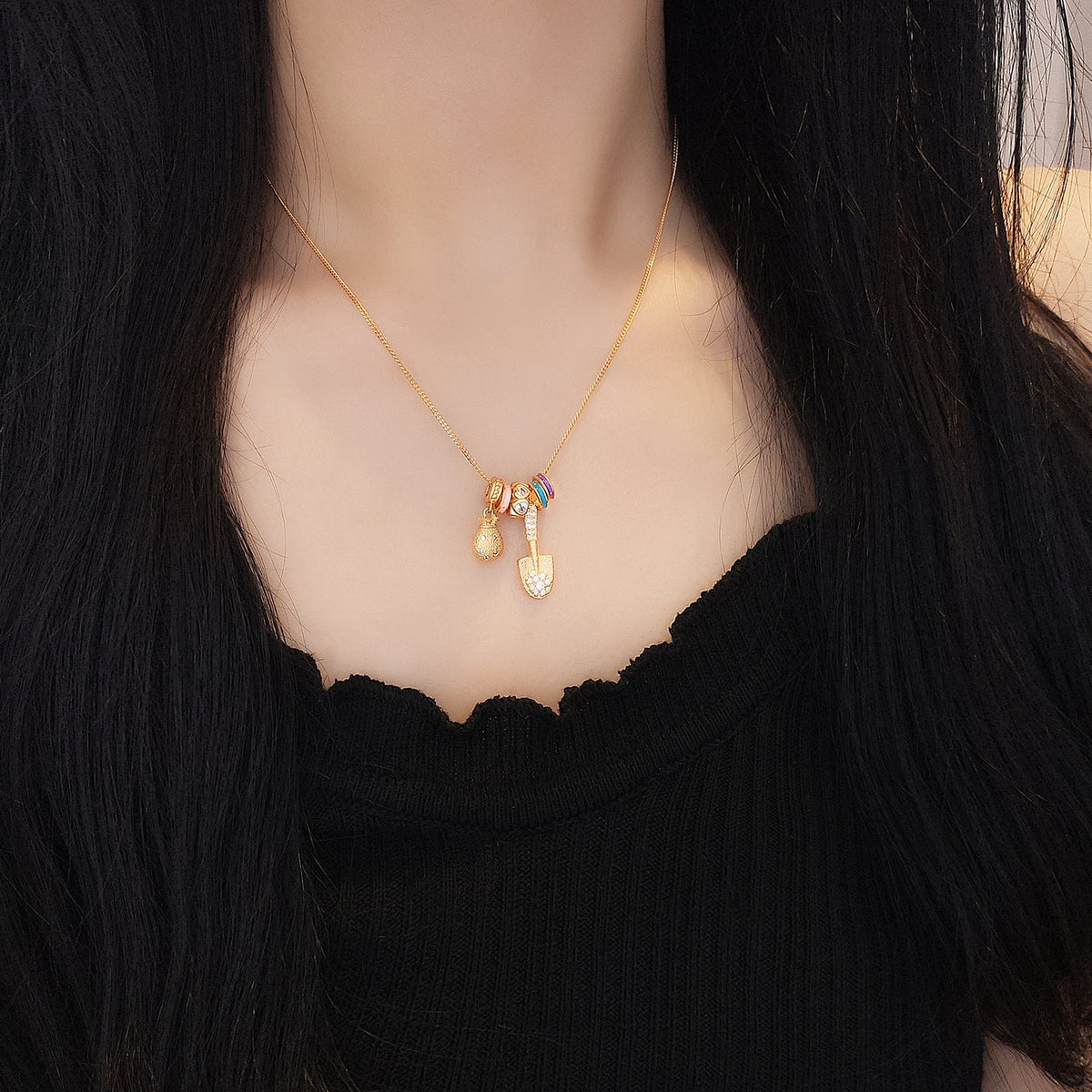 Gold Shovel & Blessing Pouch Necklace ¨C Dig for Joy and Blessings