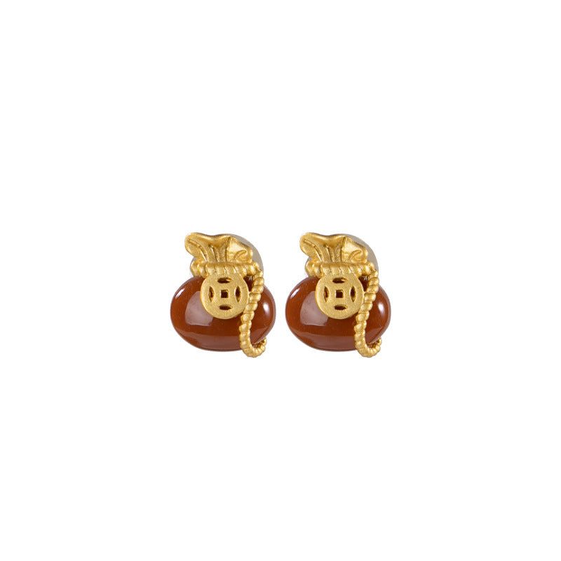 Red Agate Fortune Bag Earrings ¨C 18K Gold-Plated Sterling Silver Studs