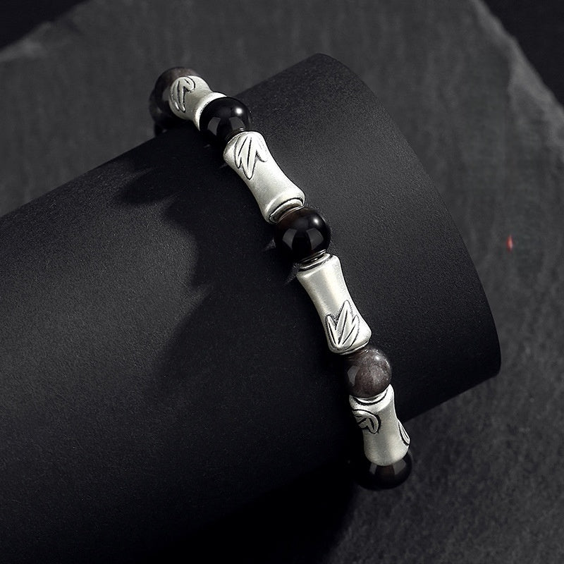 999 Sterling Silver Bamboo Bracelet ¨C Black Obsidian Men's Bracelet for Success & Steady Growth