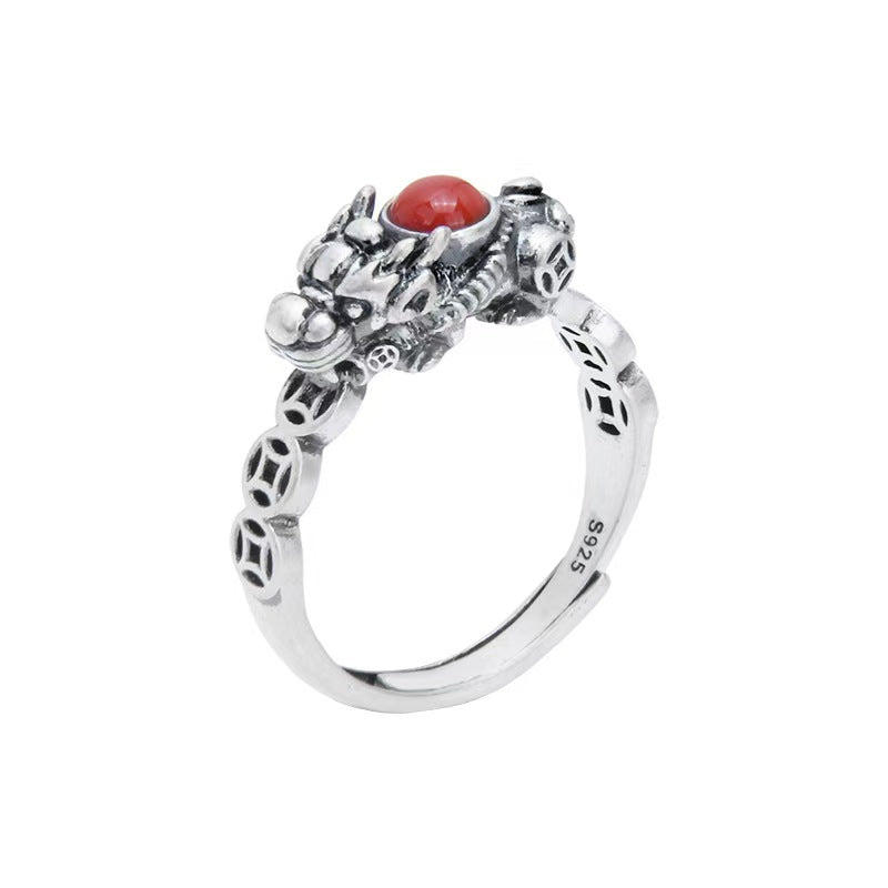Silver Pixiu Red Agate Ring-Traditional Good Fortune Symbol