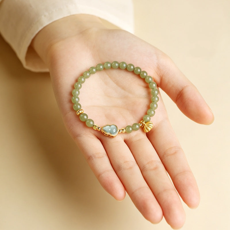 Hetian Jade Beaded Bracelet with Jadeite Gourd and Lotus Charm