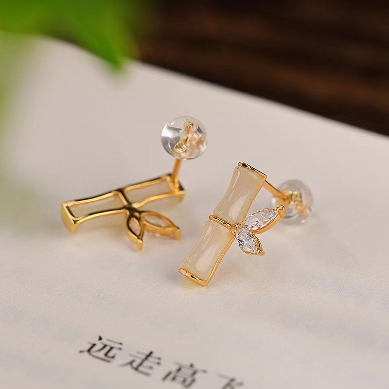 Natural Green Jade Bamboo Earrings-Prosperity Luck