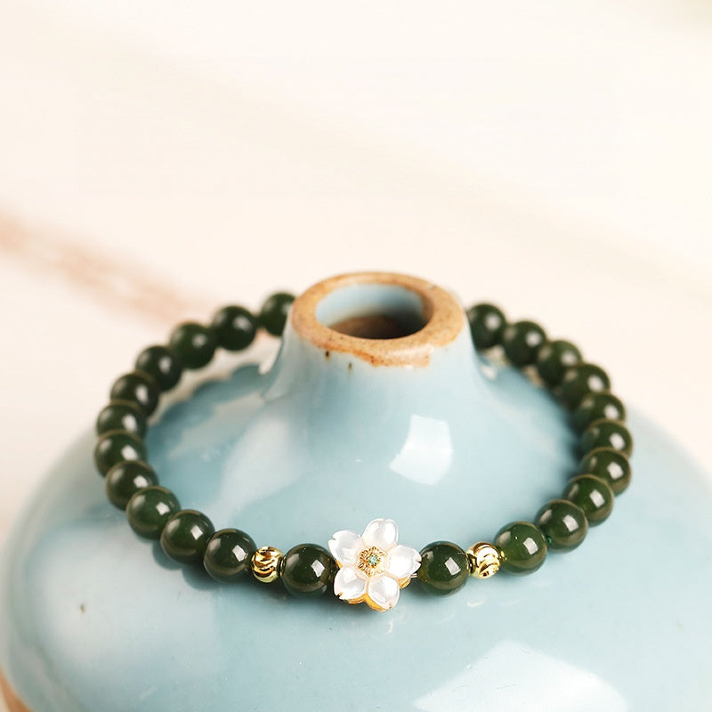 Nephrite Jade Bracelet with Mother-of-Pearl Flower-Grounded Elegance