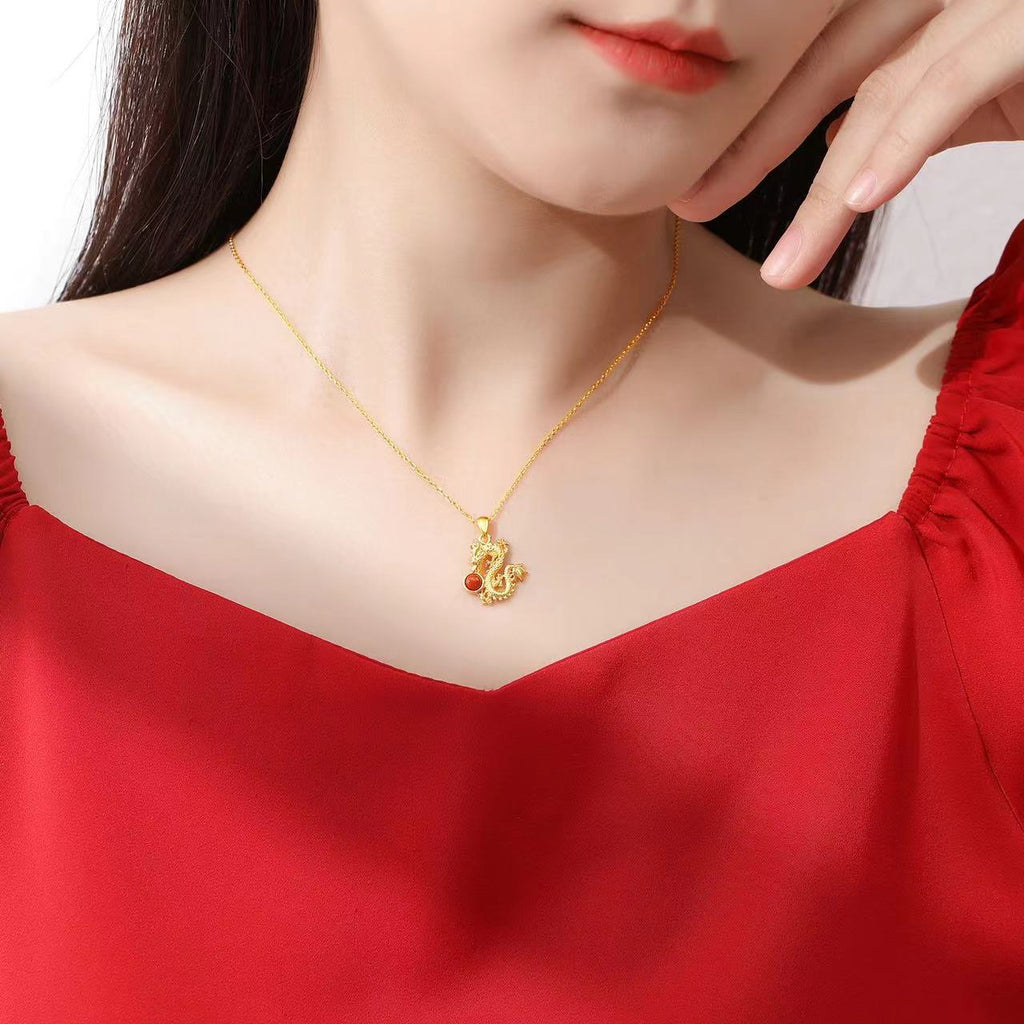 Year Of Dragon Red Agate Silver Necklace-Fortune Prosperity