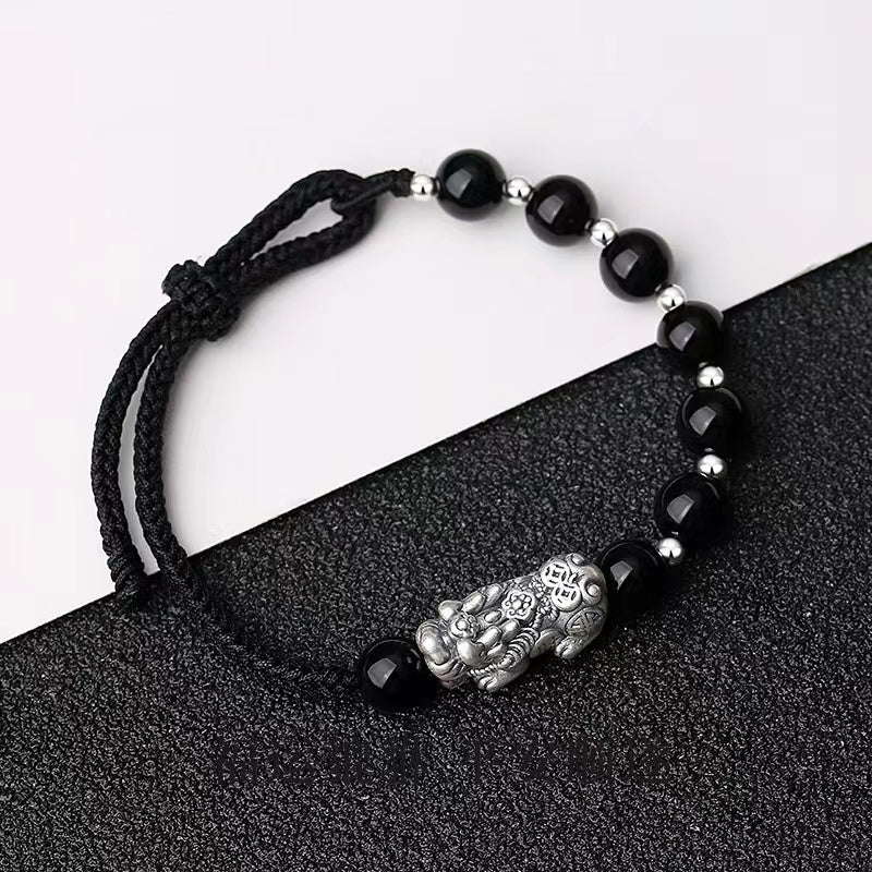 Black Obsidian 999 Silver Pixiu Bracelet-Traditional Good Fortune Symbol