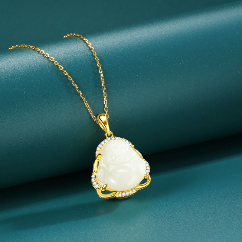 Laughing Buddha Nephrite Jade Gold-Plated S925 Silver Necklace-Joyful Contentment