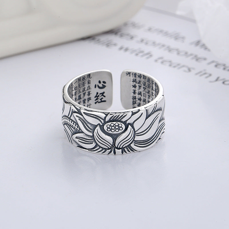 Lucky Lotus Heart Mantra Silver Ring