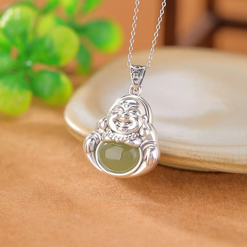 Laughing Buddha Green Jade Pendant-Positivity and Wealth