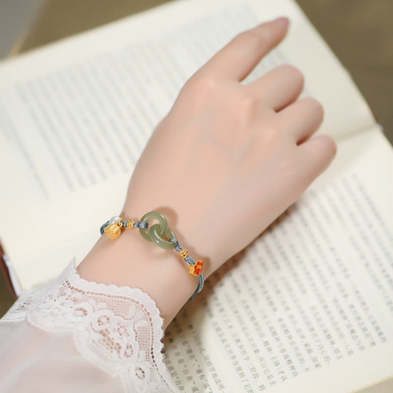 Interlocking Jade & Enamel Lotus Bracelet-Endless Love & Harmony Charm