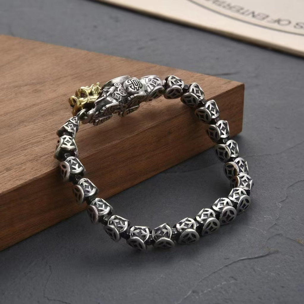 Vintage Silver-Plated Pixiu Coin Bracelet ¨C Bold Design for Wealth & Protection