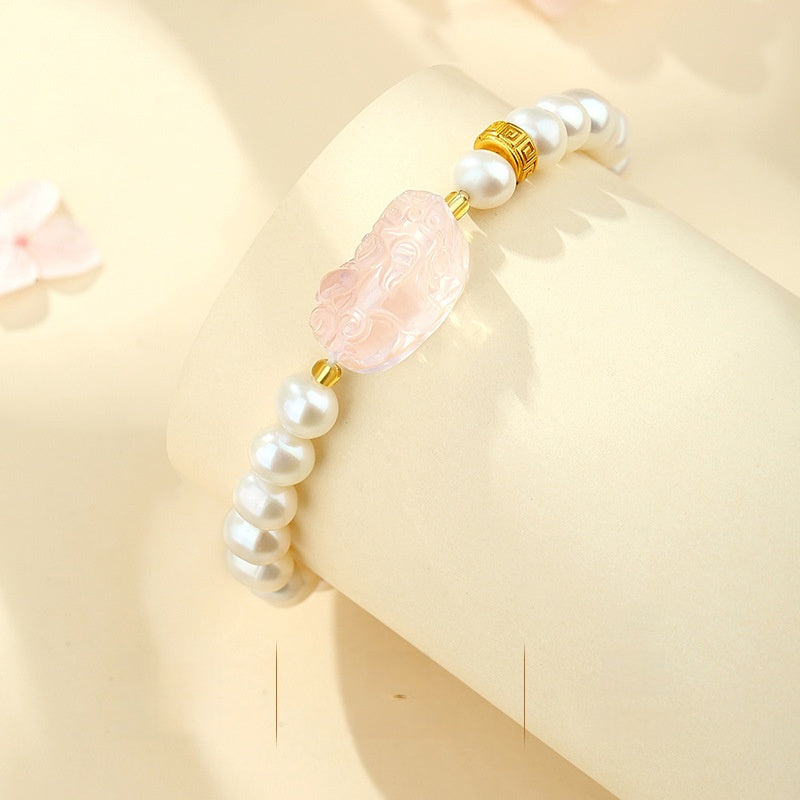 Rose Quartz Pixiu Bracelet with Pearls â€?925 Silver Fortune & Peace Charm