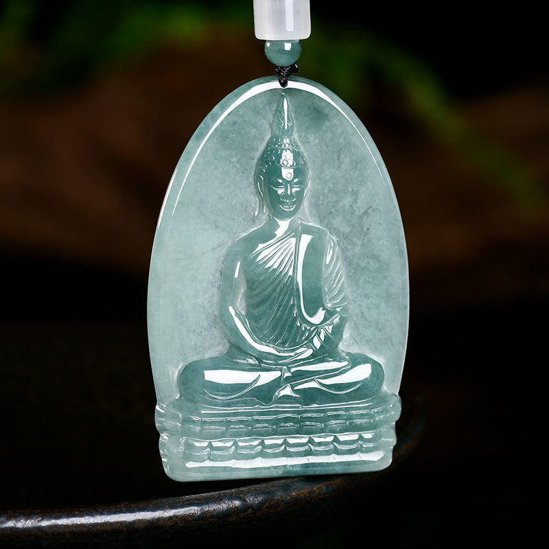 Natural Icy Jadeite Shakyamuni Buddha Pendant Thai Style Zen Necklace