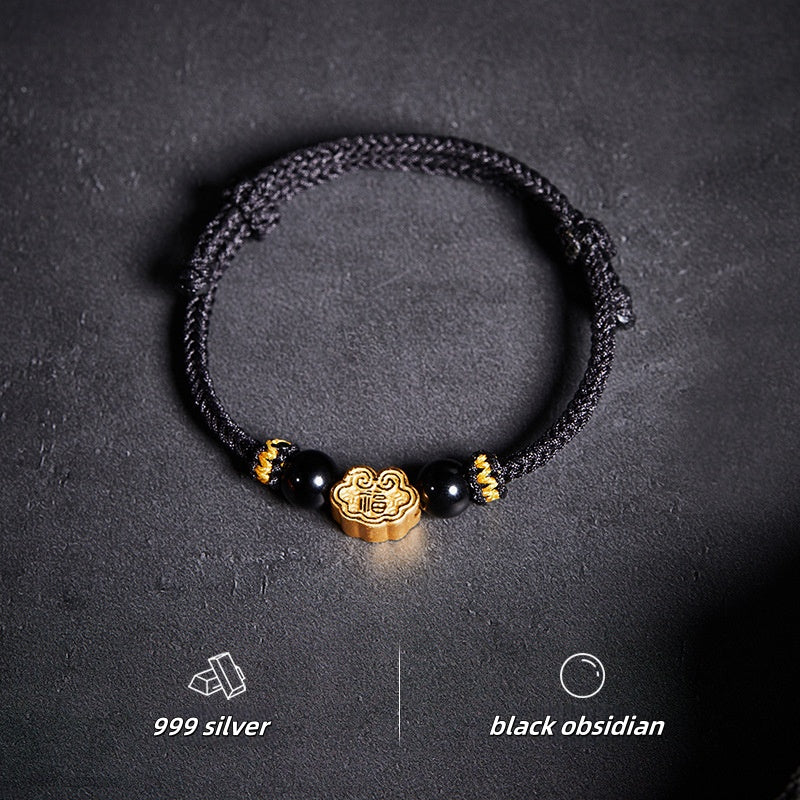 999 Sterling Silver & Obsidian Fortune Bracelet ¨C Handmade Lucky Ruyi Knot Design