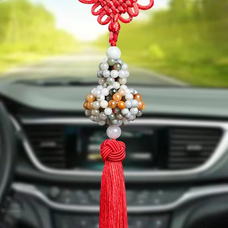 Natural Multicolor Jadeite Calabash Car Hanging-Protection & Prosperity Amulet