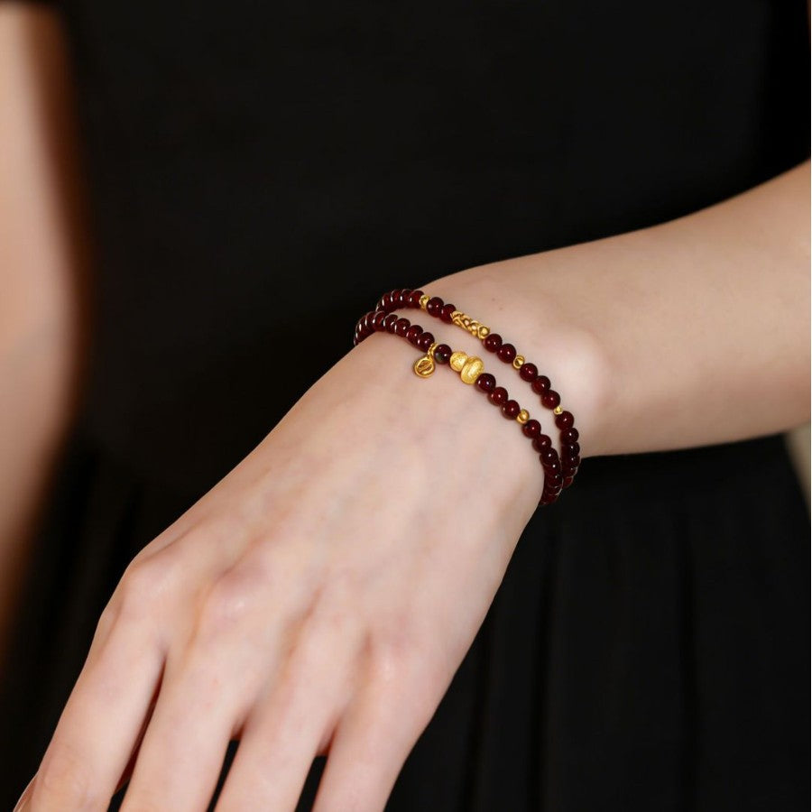 Fortune Blessing Garnet Double Wrap Bracelet-18K Gold-Plated Hulu Gourd Charm