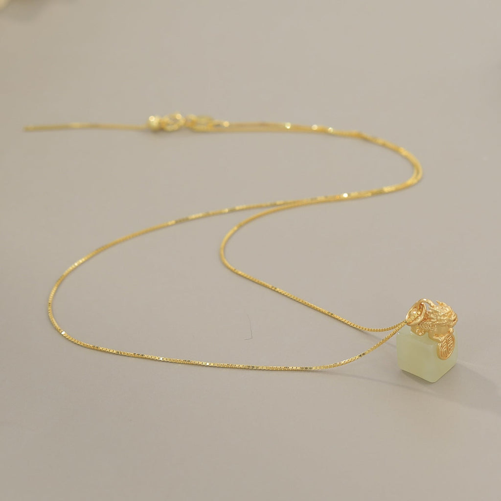 Gold-Plated Pixiu White Nephrite Jade Pendant Necklace-Grounded Opportunity