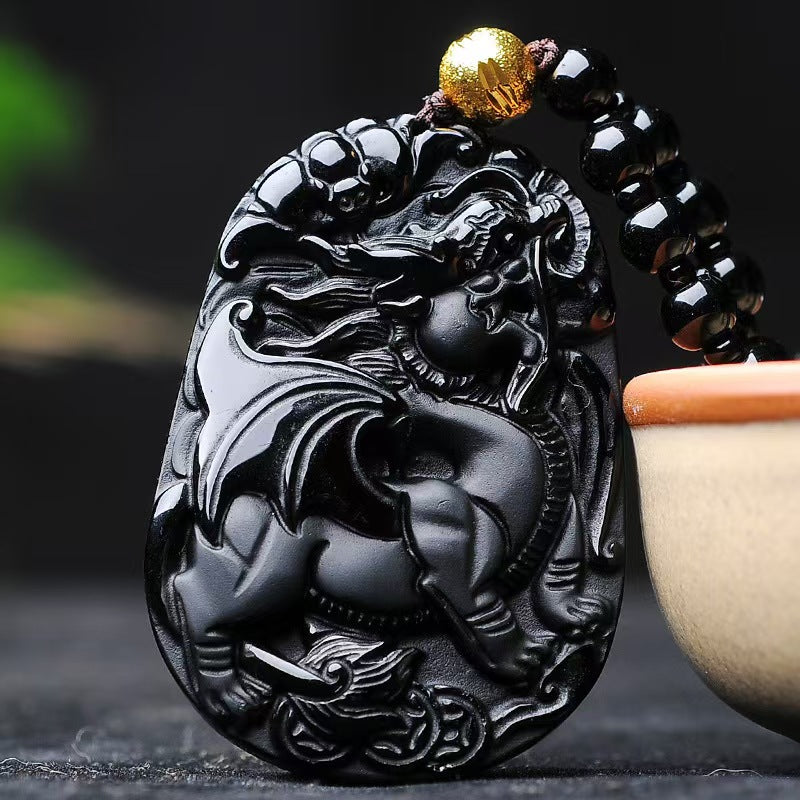 Black Obsidian Flying Pixiu Pendant – Hand-Carved Guardian of Wealth & Power