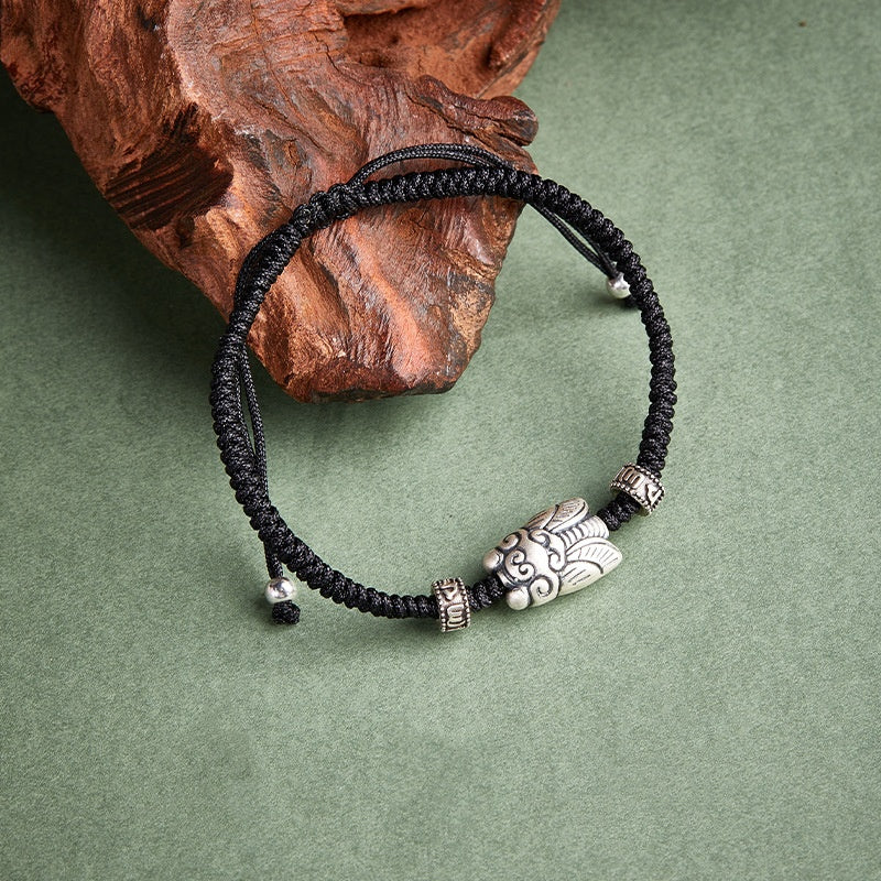 Sterling Silver Cicada Bracelet ¨C Handwoven Cord with Vintage Finish