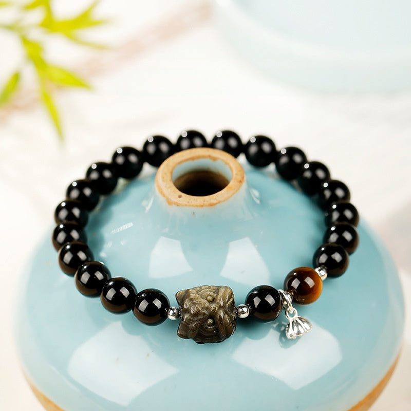 Gold Sheen Obsidian Lion Dance Head Tiger's Eye Bracelet-Grounded Courage
