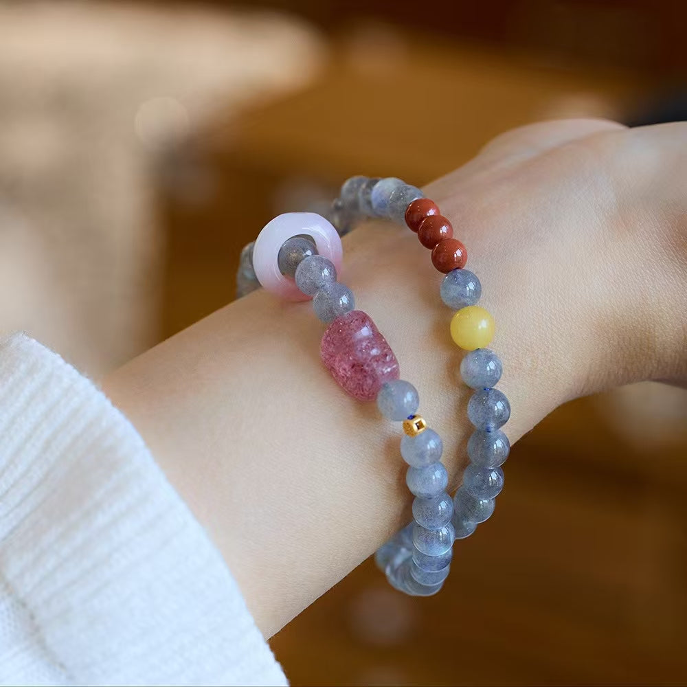 Strawberry Quartz Pixiu Moonstone Bracelet-Traditional Good Fortune Symbol