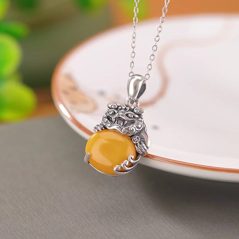 Pixiu Yellow Agate Silver Necklace-Balance and Prosperity