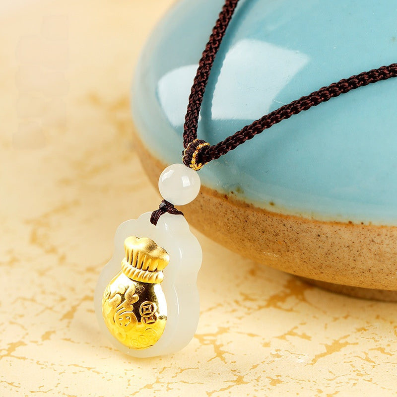 Fortune Held Close-Nephrite Jade Fortune Pouch Pendant Necklace