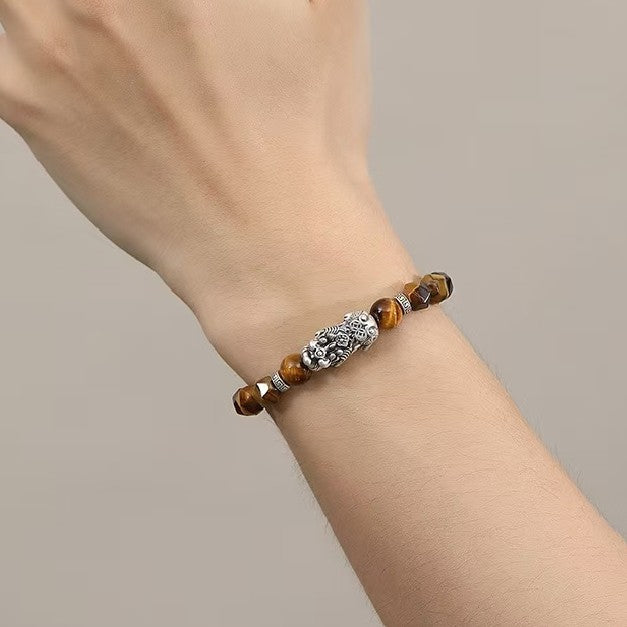Tiger Eye Stone Silver Pixiu Bracelet-Traditional Prosperity Symbol