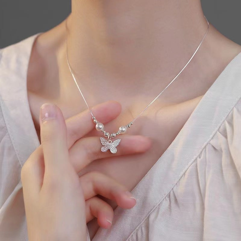 Butterfly Jade Beads Silver Necklace-Transformation and Prosperity