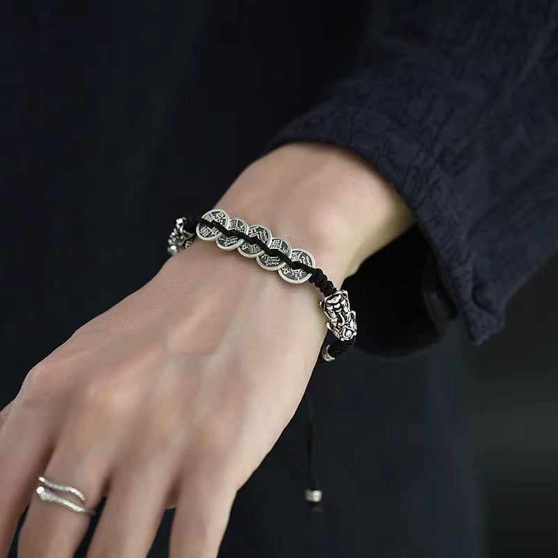 Five Emperors Coins Double Pixiu Handmade Rope Bracelet-Traditional Good Fortune Symbol