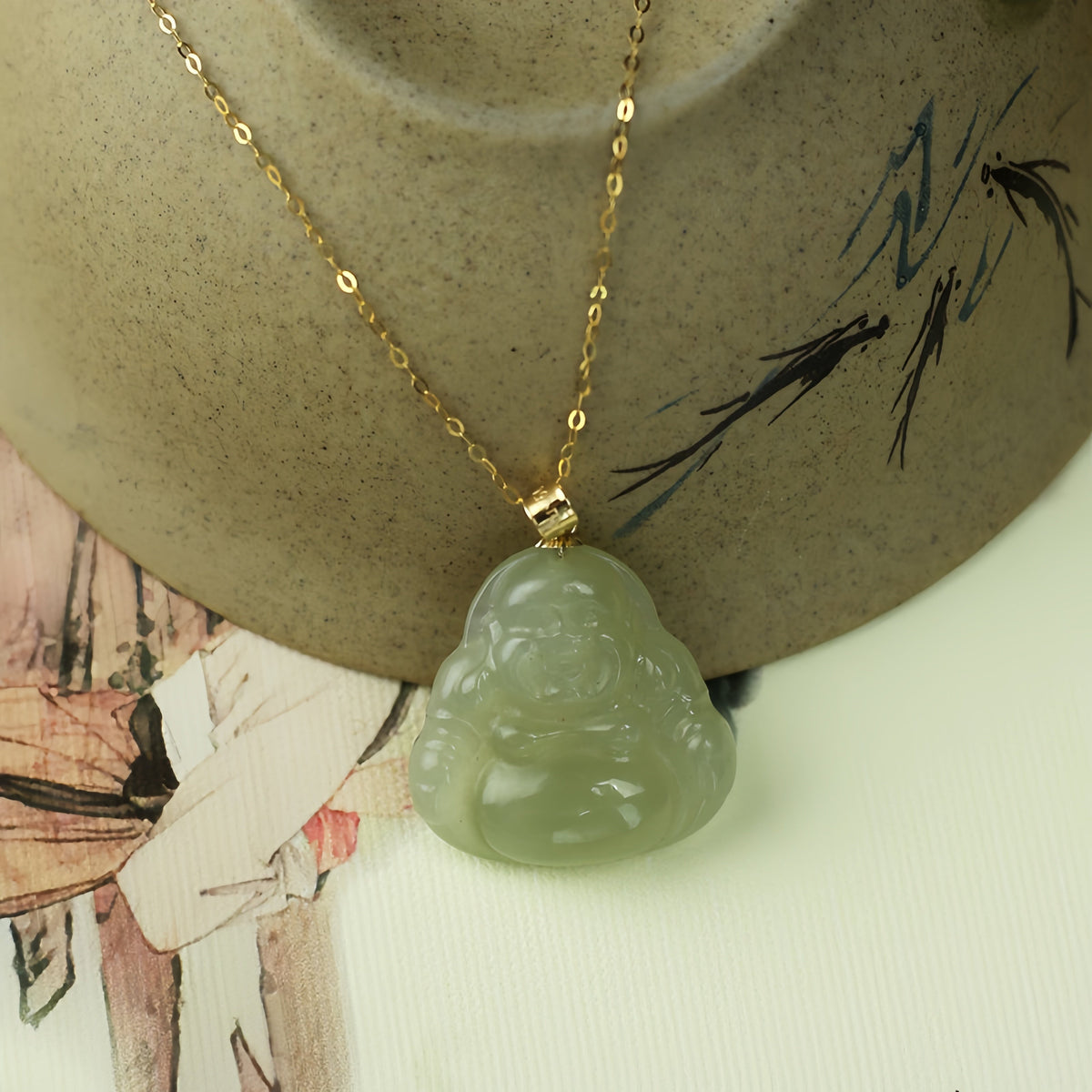 Laughing Buddha Peace & Abundance Hetian Jade Pendant Necklace