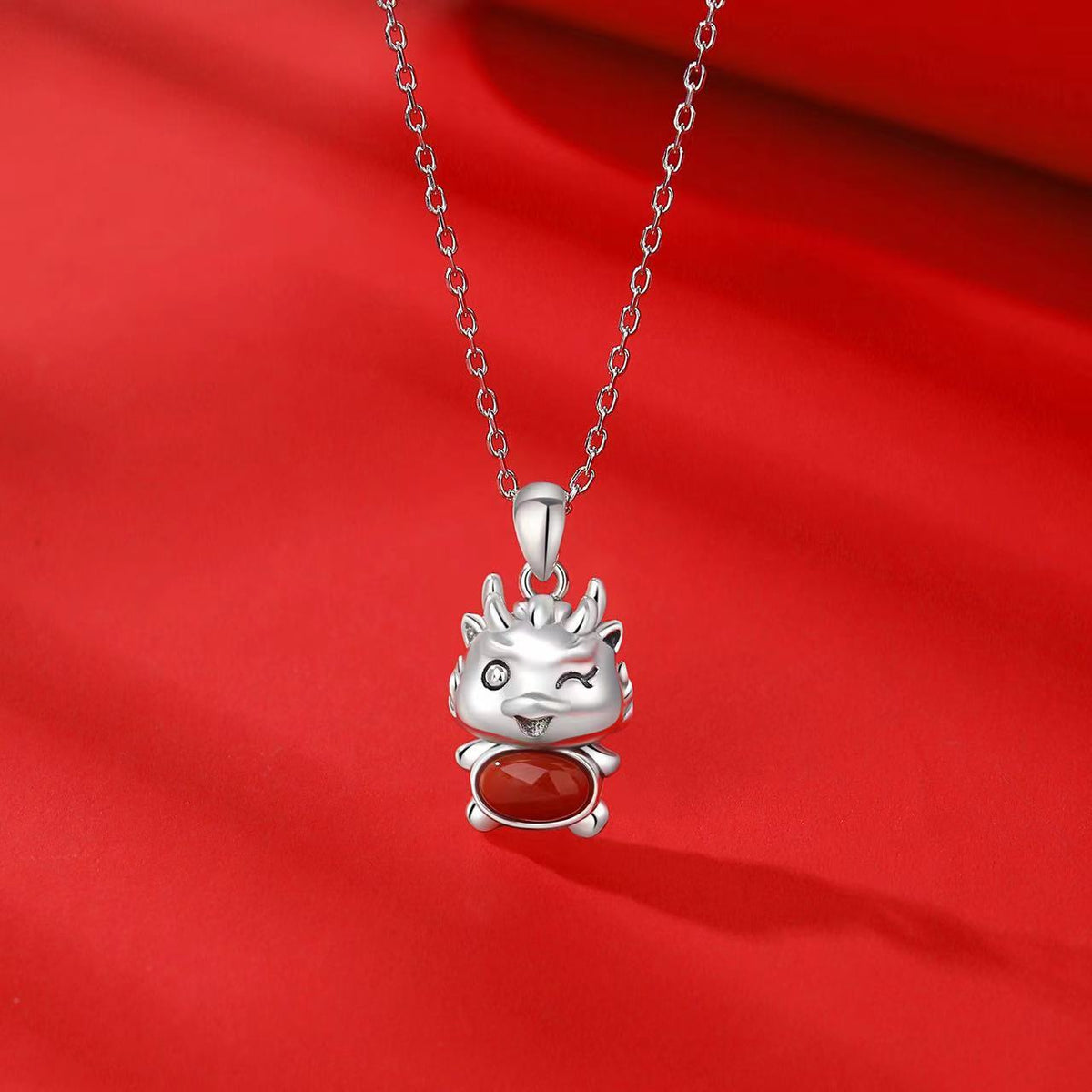 Cute Dragon Agate Silver Necklace-Fortune Prosperity