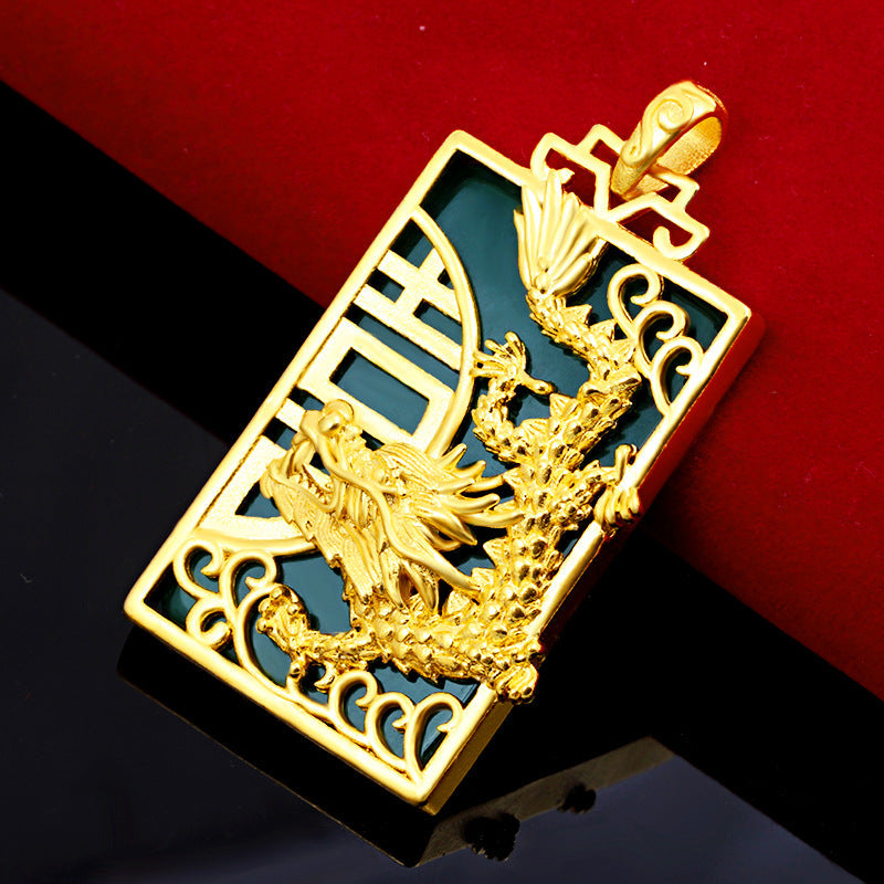 Auspicious Gold Dragon Black Agate Pendant
