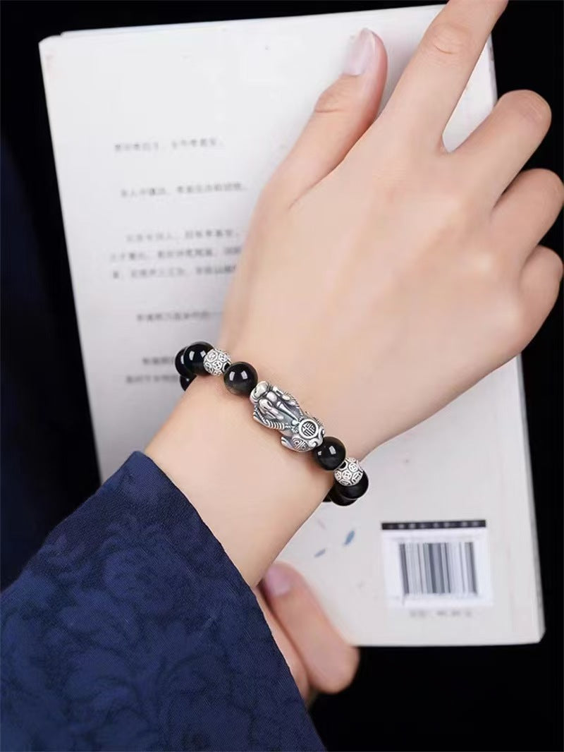 Silver Pixiu Gold Obsidian Bracelet-Traditional Prosperity Symbol