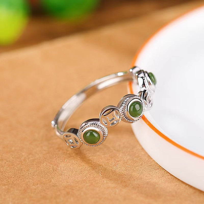 Money Coin Green Jade Silver Ring-Luck Prosperity