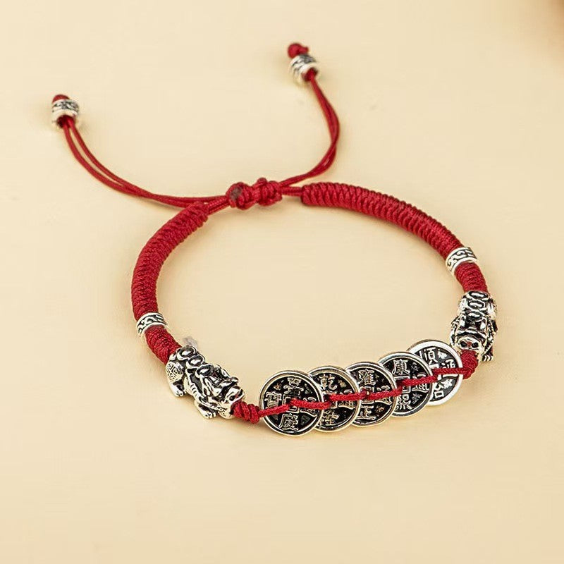 Five Emperors Coins Double Pixiu Red String Bracelet-Traditional Good Fortune Symbol