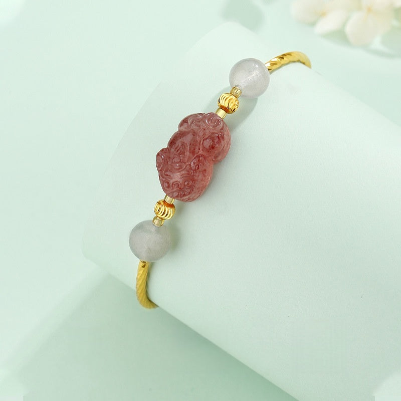 Strawberry Quartz Pixiu & Moonstone Bracelet¨CFortune. Love & Emotional Harmony