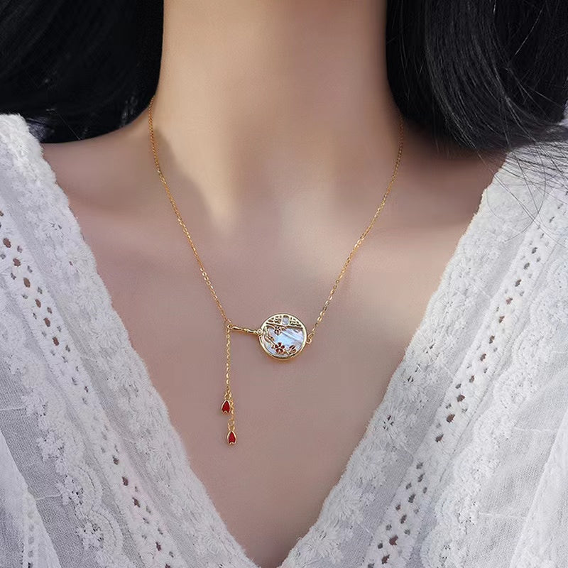 Deluxe 18K Gold Plated 925 Sterling Silver Plum Blossom Fan Pendant Necklace