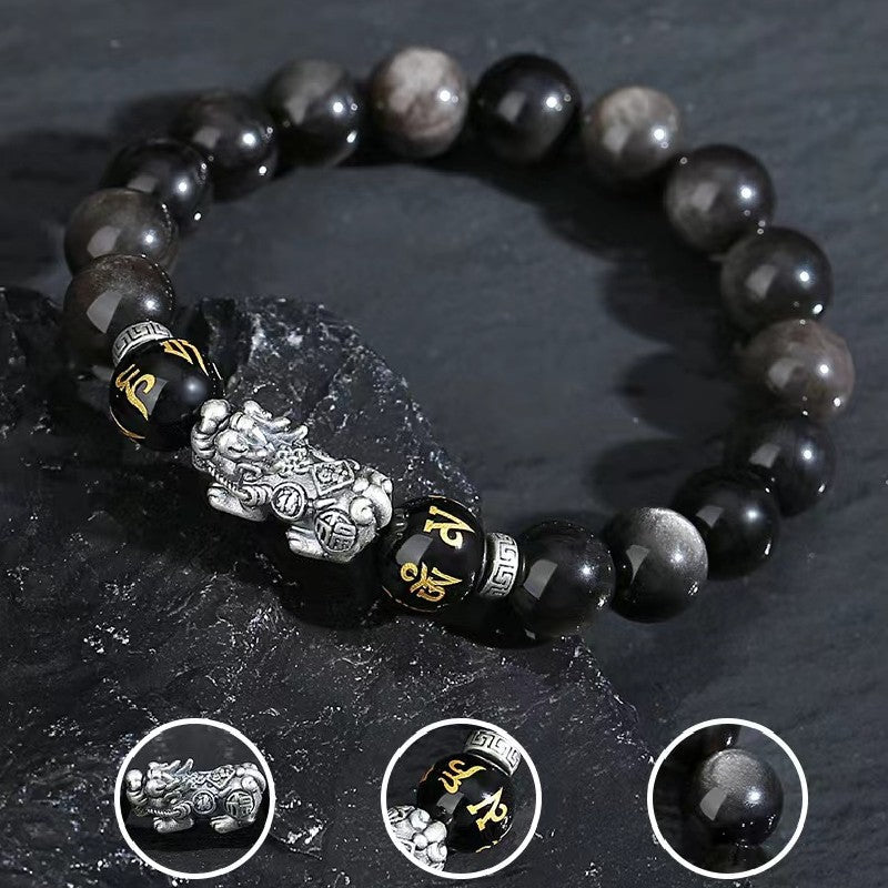 999 Silver Pixiu Black Obsidian Bracelet-Traditional Good Fortune Symbol