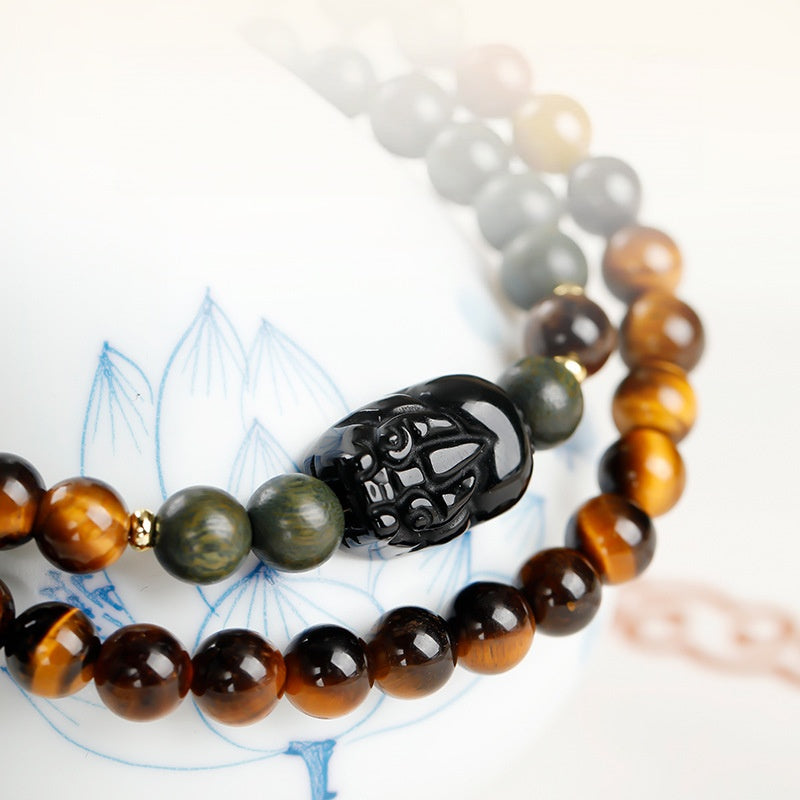 Tiger's Eye Pixiu Double-Wrap Bracelet with Green Sandalwood