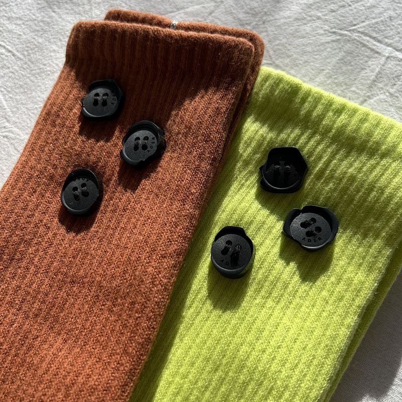 Ribbed Knit Crew Socks with Button Detail