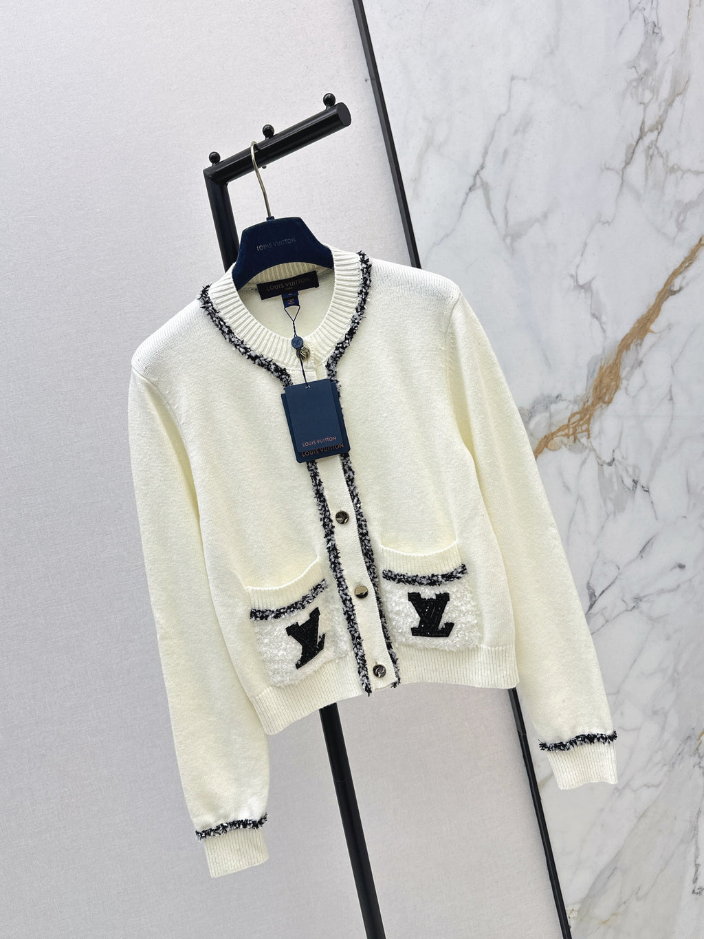 Monogram Pocket Tweed-Trim Cardigan