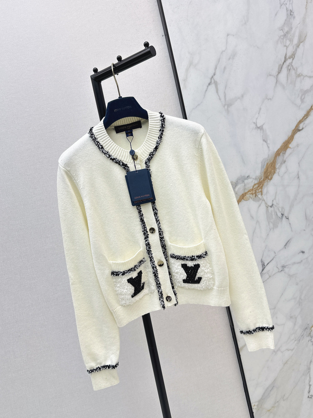 Monogram Pocket Tweed-Trim Cardigan