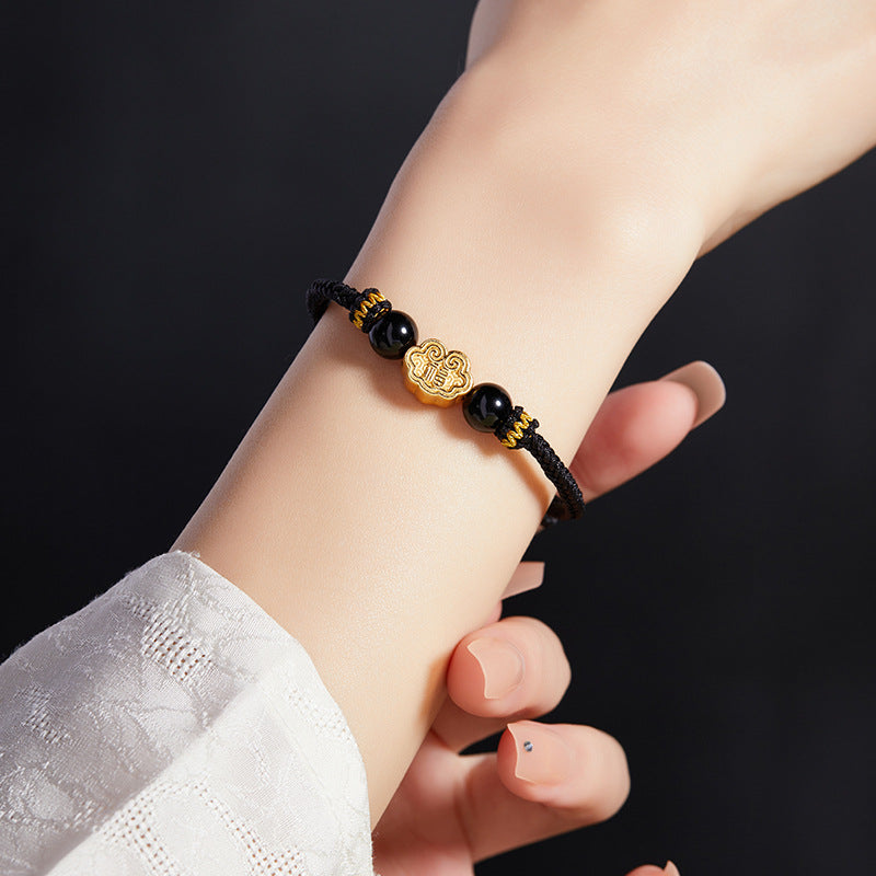 999 Sterling Silver & Obsidian Fortune Bracelet ¨C Handmade Lucky Ruyi Knot Design