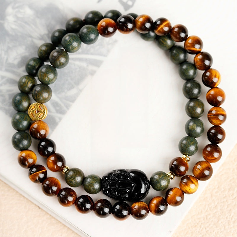 Tiger's Eye Pixiu Double-Wrap Bracelet with Green Sandalwood