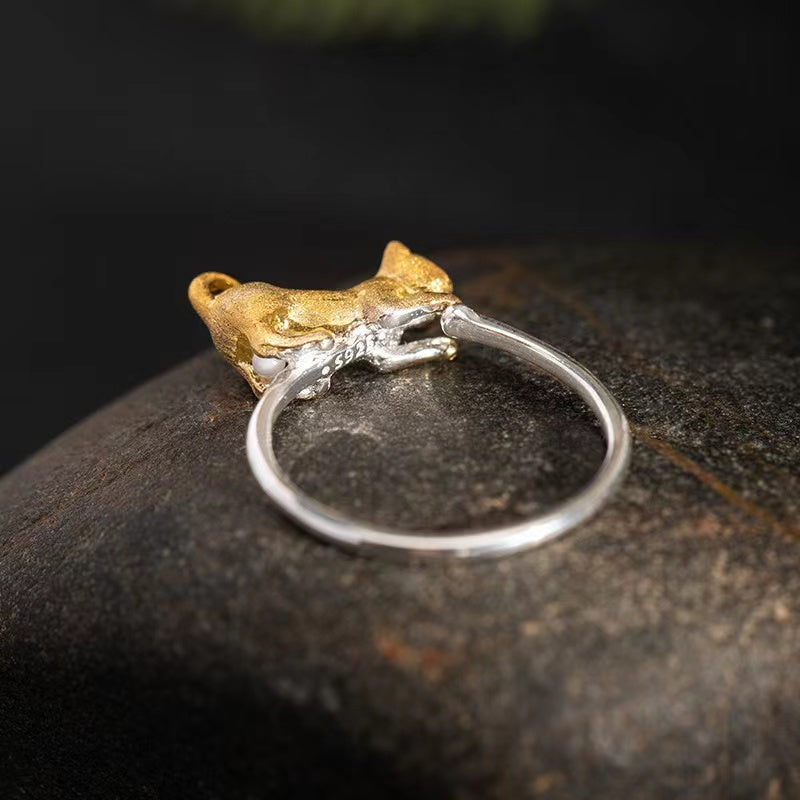 Original Design Gold Cat Silver Ring-Good Luck and Prosperity