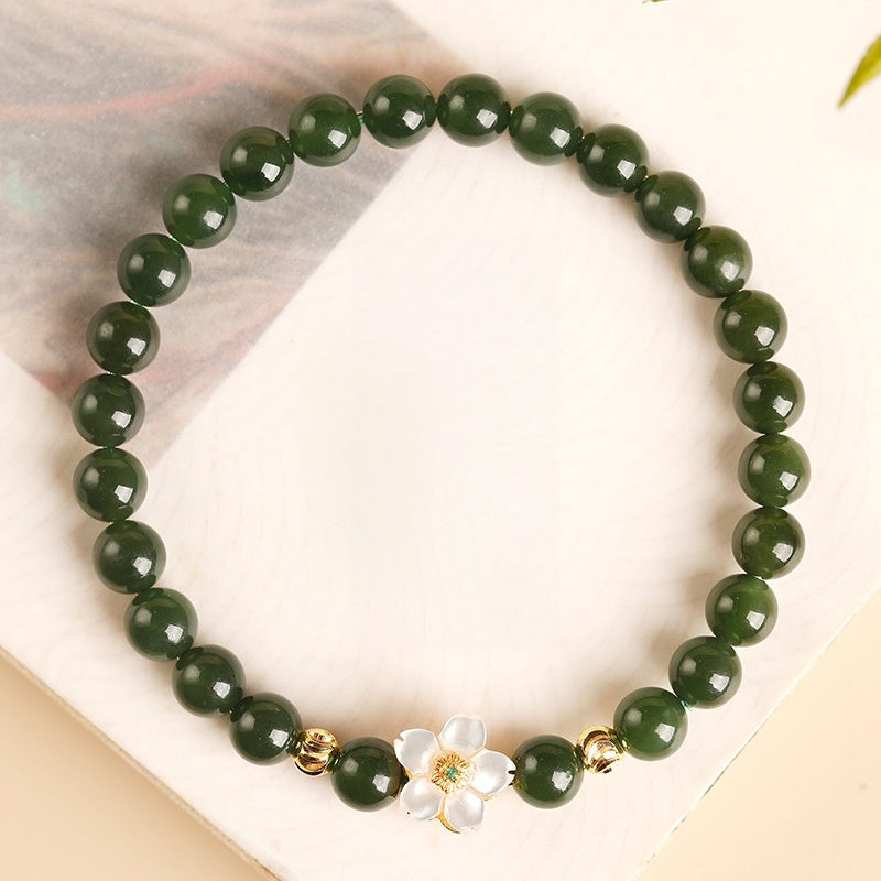 Nephrite Jade Bracelet with Mother-of-Pearl Flower-Grounded Elegance