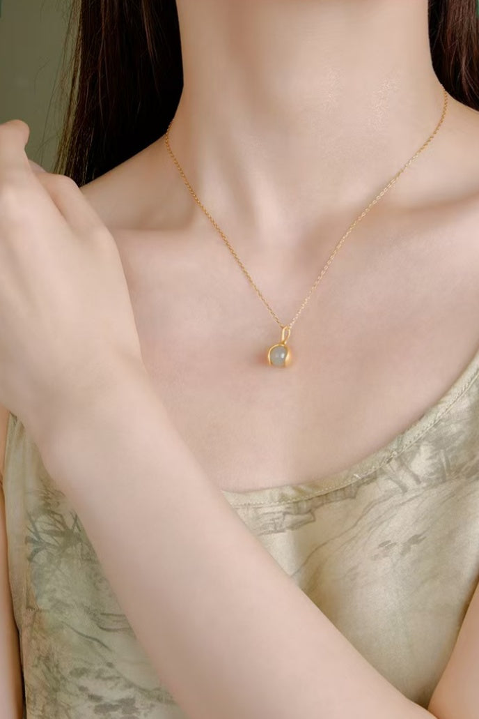 Gentle Essence Hetian Jade Pendant Necklace¨C S925 Sterling Silver with Ancient Gold Finish