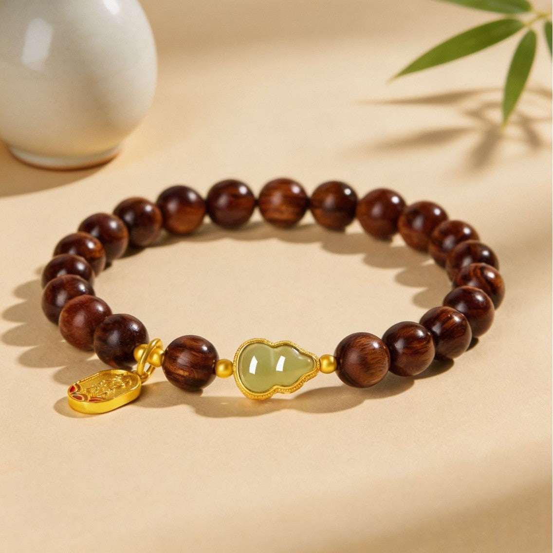 Grounded in Fortune-Jadeite Gourd Wooden Bead Bracelet